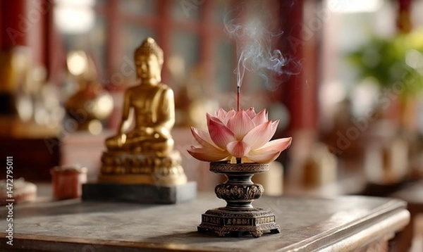 Obraz Tranquil altar scene lotus incense Buddha