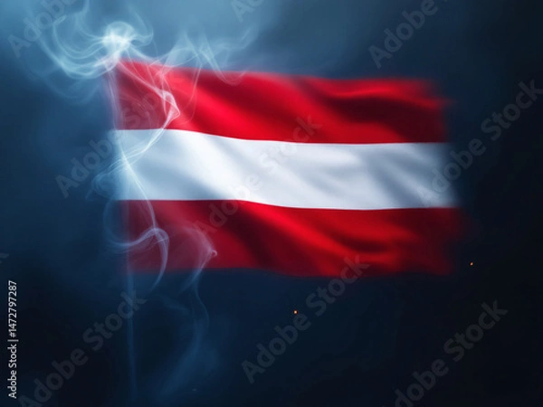 Fototapeta Austrian flag with red and white stripes on dark background with smoke.