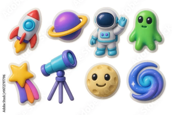 Fototapeta 3d space adventure icons set – rocket, planet, astronaut, alien, telescope, star, moon, galaxy. 3D icon set