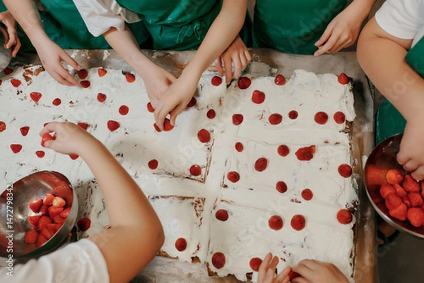 Fototapeta Group in green aprons decorating a large frosted cake with fresh strawberries. Multiple hands arranging fruit, bowls nearby.