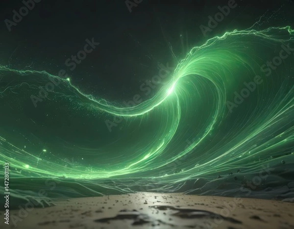 Fototapeta Green energy wave, radiant particles, mystical abstract form , iridescent, particle,  bokeh