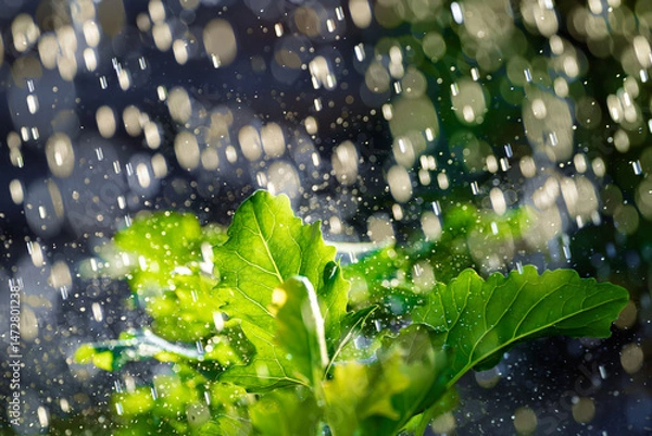 Fototapeta Refreshing rain gently falls on lush green leaves, celebrating nature and Earths beauty