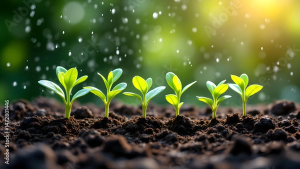 Fototapeta Seedlings sprouting: Five young plants growing in rich soil under a gentle rain shower. The sunlight filters through the leaves, creating a vibrant and hopeful scene.