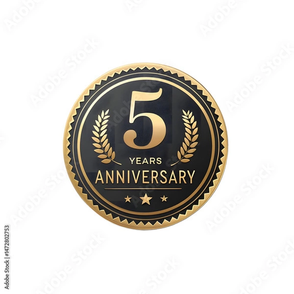 Fototapeta 5 Years Anniversary Gold Badge with Laurel Wreath on Transparent Background