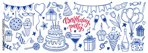 Obraz big set of hand drawn doodle cartoon objects and symbols on the birthday party. design holiday greeting card and invitation of wedding, Happy mother day, birthday, Valentine s day and holidays