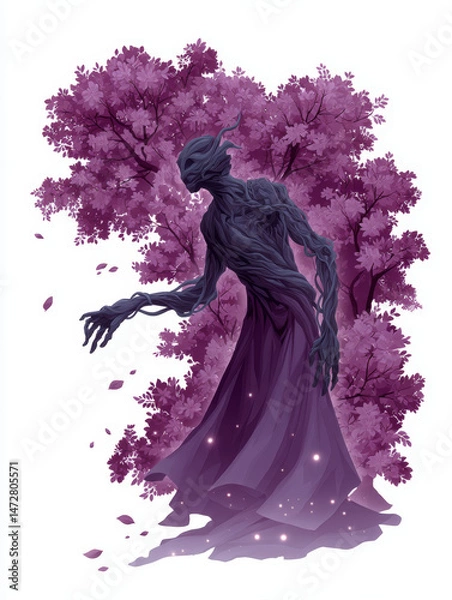 Fototapeta Ancient tree spirit emerging in cherry blossom grove, petals floating, glowing aura, vine hair, watercolor and ink style, vibrant and dreamlike
Generative AI
