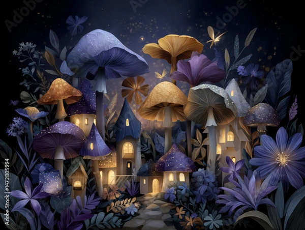 Fototapeta Whimsical village of colorful giant mushrooms in enchanted forest, glowing lights, twilight mood, tiny magical creatures, hand-drawn style
Generative AI