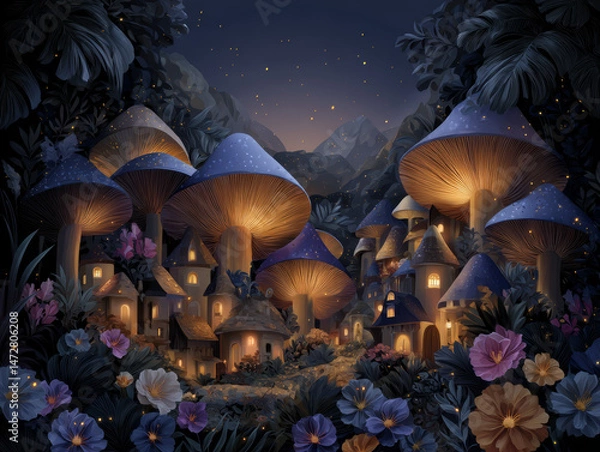 Fototapeta Whimsical village of colorful giant mushrooms in enchanted forest, glowing lights, twilight mood, tiny magical creatures, hand-drawn style
Generative AI