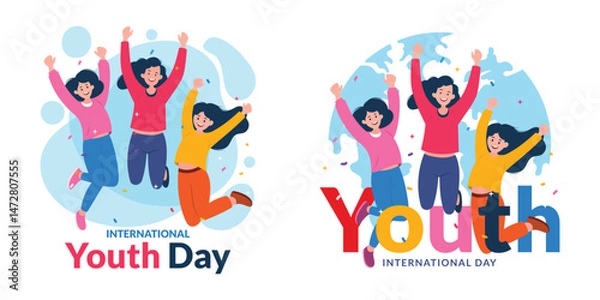 Obraz International Youth Day Vector Sign with a group of diverse young people  jumping and celebrating together