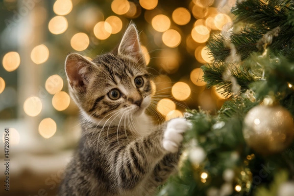 Fototapeta Curious kitten pawing Christmas ornaments in cozy living room, festive bokeh lights and warm holiday glow
Generative AI