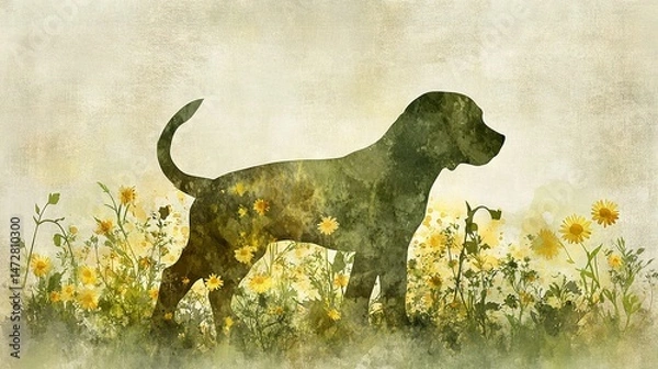 Fototapeta   Watercolor portrayal of a canine amidst golden sunflowers & white daisies, set against a hazy backdrop