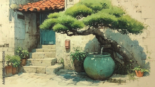 Fototapeta   Watercolor Bonsai Tree Painting with Building and Steps