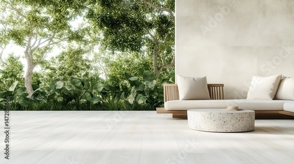 Fototapeta A sleek, minimalist outdoor lounge area surrounded by lush greenery, providing a refreshing and tranquil space for relaxation and enjoyment in nature’s embrace.