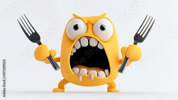 Fototapeta Hungry character yelling, holding forks in hands, with a white background