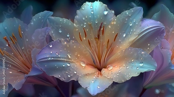 Fototapeta   A close-up of a flower with water droplets and a blurred flower in the background
