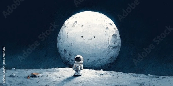 Obraz A small astronaut gazing at a large moon.