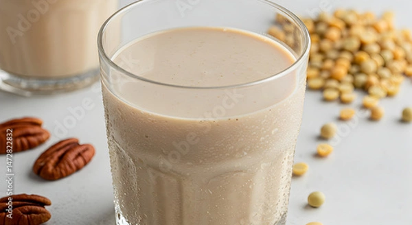 Fototapeta Nutritious Soy Beverage With Pecans and Dried Yellow Split Peas Close Up