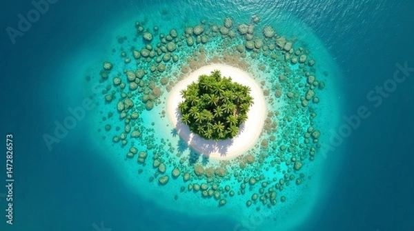 Fototapeta Secluded tropical island with lush greenery and pristine beaches surrounded by crystal-clear ocean waters. Ideal for luxury retreats, island escapes, and nature-focused travel