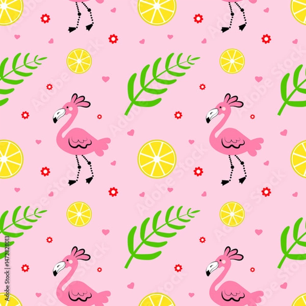 Fototapeta Seamless pattern with flamingos, palm leaves and lemons on a pink background