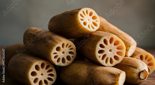 Fototapeta Pile Of Sliced ??And Peeled Lotus Roots Showing Unique Pattern