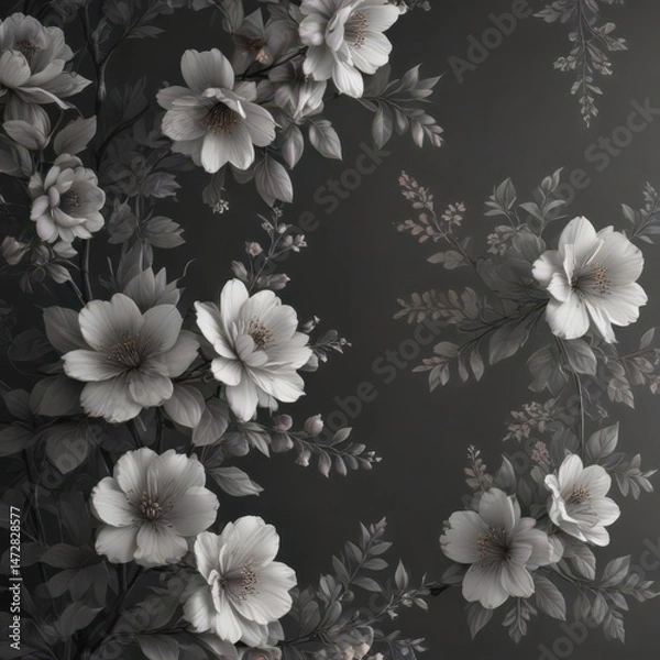 Fototapeta Charcoal grey floral wallpaper, delicate blossom print, art, minimal, surface pattern