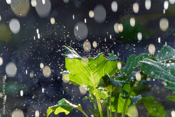 Fototapeta Refreshing rain gently falls on lush green leaves, celebrating nature and Earths beauty