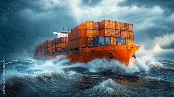 Obraz Massive cargo ship sails across stormy, turbulent seas under a dramatic, cloud-filled sky