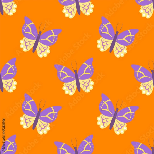 Fototapeta Seamless pattern with butterflies on an orange background