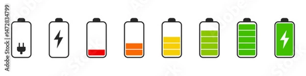 Fototapeta Battery charge indicator icons. Phone charge level, color collection of charge power. Discharged and fully charged battery. Battery charge from high to low. Vector Illustration.
