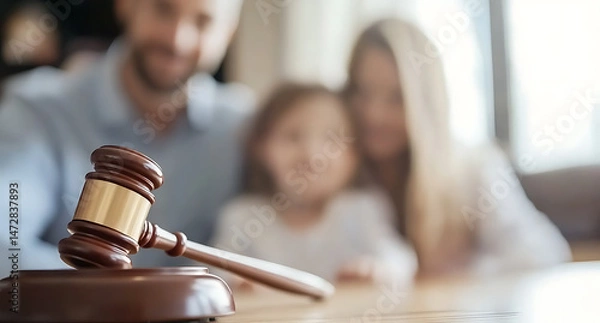 Obraz Legal Decision Affecting Family: Gavel rests in front of a smiling family, hinting at a court ruling impacting their lives, possibly related to custody.