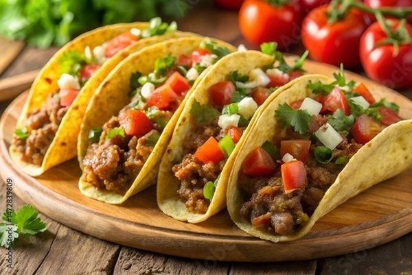 Fototapeta Soft Shell Taco Trio With Meat Cheese And Salsa