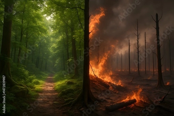 Fototapeta Split forest image showing contrast between lush green woods and destructive wildfire, symbolizing climate change and environmental crisis.