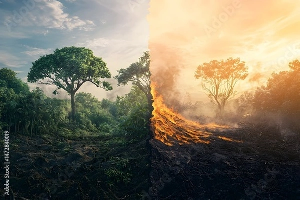 Fototapeta Split forest image showing contrast between lush green woods and destructive wildfire, symbolizing climate change and environmental crisis.