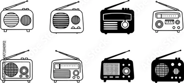 Obraz vector set of Radio icon, radio vector thin line icon, radio icon vector logo template, radio icon silhouette, Radio icon vector, vintage radio icon, Old retro Receiver waves, Radio icon simple vector