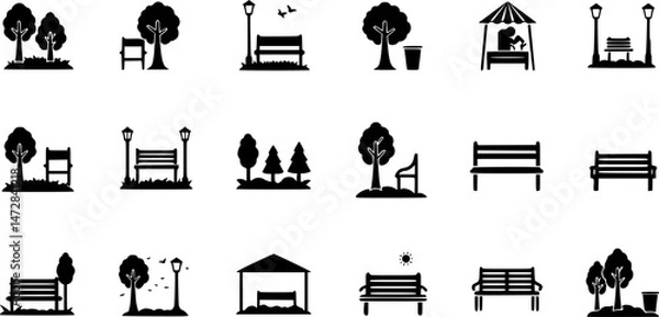 Obraz vector set of Park Icon Set. garden park minimalist with chair and tree, Open space black glyph icon. Public park with bench to sit. forest and bench vector icons
