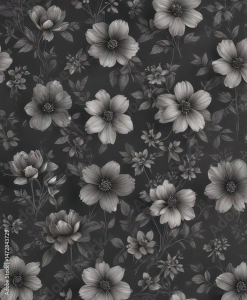 Fototapeta Subtle charcoal grey floral wallpaper  Small scale blooms repeat seamlessly , graphics, muted
