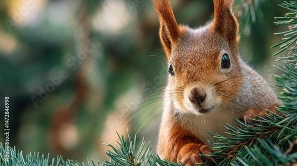 Fototapeta   A focused image of a squirrel's facial features emerging from the shadow of a pine branch, featuring a softly blurred environment