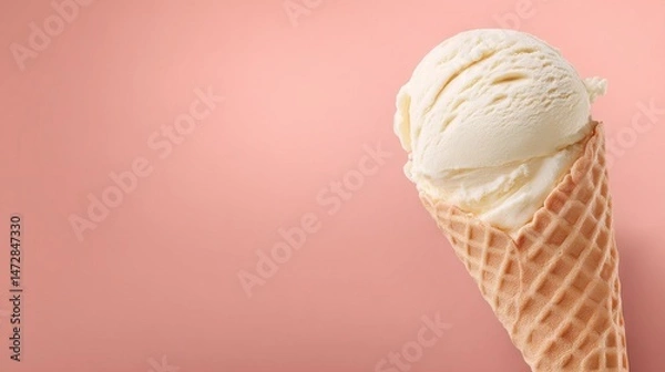 Fototapeta  Ice cream cone with vanilla scoop on pink background with copy space