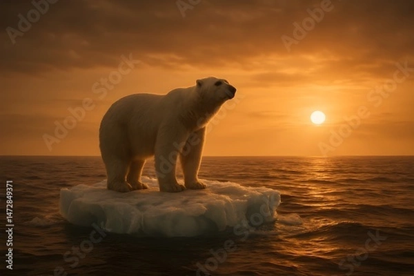 Fototapeta Climate change concept. Polar bear standing on melting ice surrounded by smoke, symbolizing global warming and environmental crisis