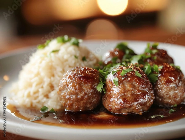 Obraz Appetizing meatballs served with rice