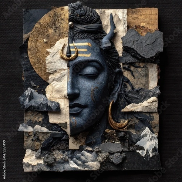 Fototapeta A multifaceted artistic depiction of a deity, sculpted from various materials.