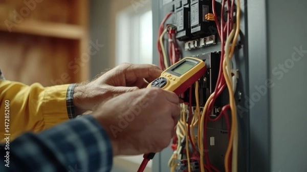 Obraz Electrician using a digital multimeter to test electrical panel