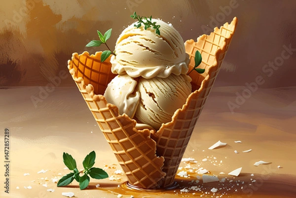 Fototapeta Caramelized Onion Ice Cream on a Savory Parmesan Cone