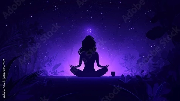 Fototapeta In a meditative pose, an individual sits surrounded by calming things, such as plants