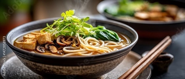 Fototapeta Steaming noodle soup with tofu and greens