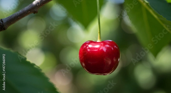 Fototapeta Single Cherry Ready To Pick Hanging From Tree Branch With Green Leaves