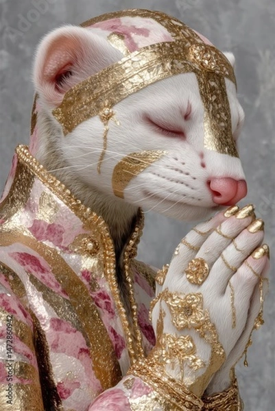 Obraz Ornate white ferret in golden baroque costume with pearls and pink floral patterns, praying pose with closed eyes in luxurious royal outfit