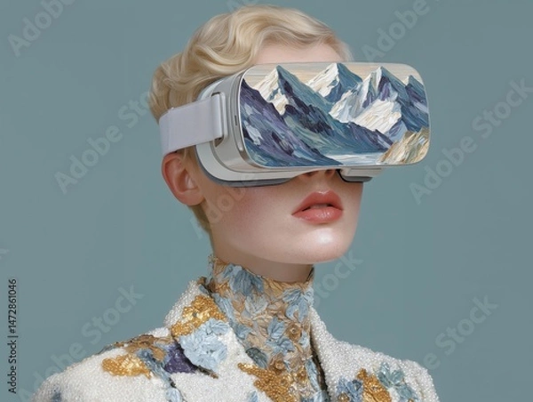 Obraz person wearing vr headset with painted mountains, elegant fashion with floral embroidery, abstract art concept, virtual reality, modern technology, innovation, digital escape