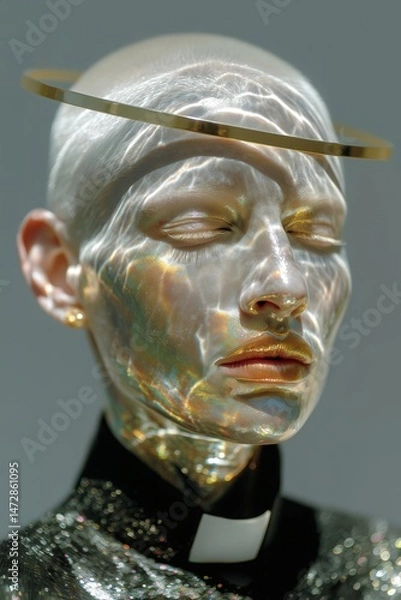 Obraz Futuristic portrait of woman with iridescent holographic skin, golden ring halo, closed eyes, rainbow reflections on translucent face