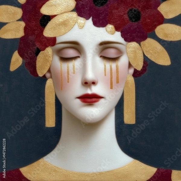 Obraz Surreal portrait of woman with closed eyes, golden tears, floral crown of red poppies and gold leaves against dark blue textured background